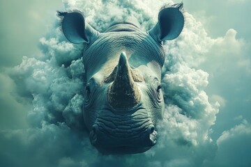 Rhinoceros emerges from vibrant clouds in a surreal composition highlighting wildlife beauty