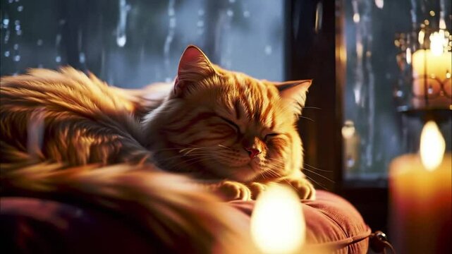 Cozy orange tabby cat sleeping peacefully by a window with rain and candlelight