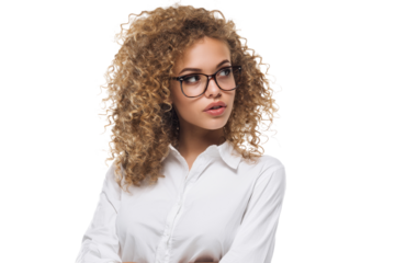 Confident curly-haired woman with glasses in white shirt isolated on transparent png background