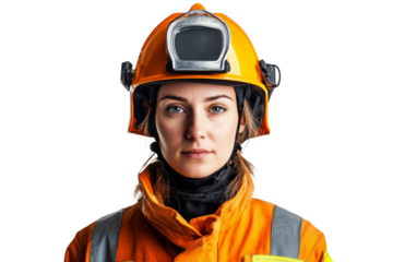 Serious female firefighter in protective gear with helmet and reflective stripes isolated on transparent png background