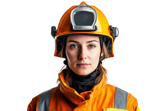 Serious female firefighter in protective gear with helmet and reflective stripes isolated on transparent png background