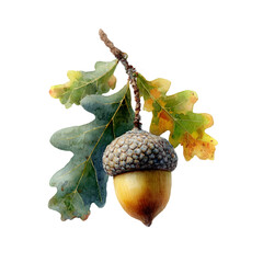 A single ripe acorn with textured cap hangs from a branch with green and yellow leaves isolated on transparent background
