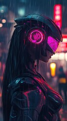Cyberpunk woman in futuristic armor rainy city night