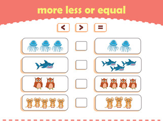 More, less or equal. Count the amount of cute wild animals. Educational math game for kids. Vector Illustration
