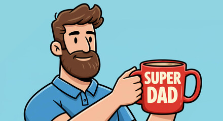 Cartoon man holds a red Super Dad mug against a light blue backdrop