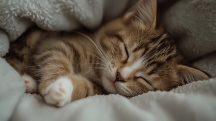 Obraz premium Close-up of a Cute Striped Tabby Cat Sound Asleep and Relaxing on a Soft Blanket