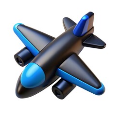 Sleek Black and Blue 3D Airplane Icon; Modern Travel, Transportation, and Technology Design.