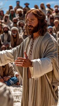 esus Christ stands in an outdoor setting, teaching a large, diverse crowd of people who are intently listening