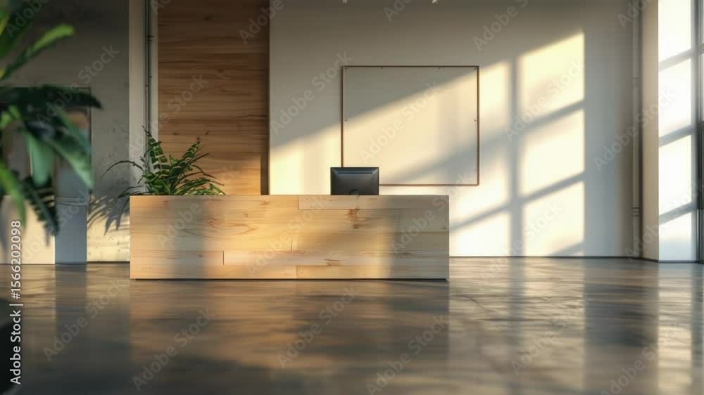 Poster a wooden reception desk with a plant in front of it