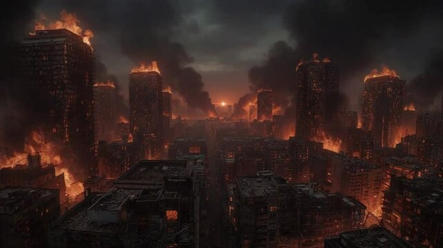 World Doomsday: Abandoned City in Flames at Night
