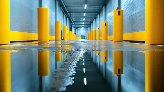 Parking garage with yellow bollard reflection on wet floor in industrial corridor featuring modern design, safety elements, and symmetrical vibrant lighting creating calm atmosphere