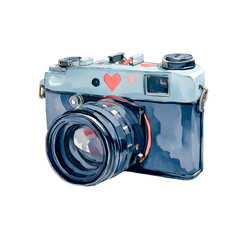 Watercolor illustration of a vintage camera with hearts on a transparent background isolated on transparent background