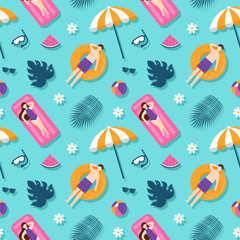 Tropical Summer Seamless Pattern with Beach Elements in Cartoon Flat Style Illustration