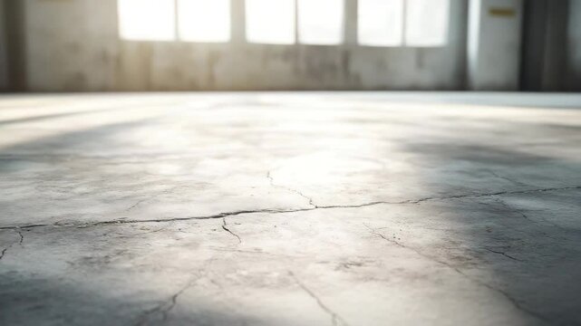Cracked concrete floor with sunlight and shadow creating textured surface in empty industrial interior, showcasing calm atmosphere and natural light enhancing floor texture and surface details