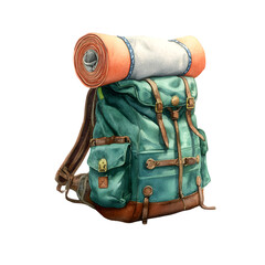 Vintage watercolor hiking backpack with rolled sleeping pad isolated on transparent background
