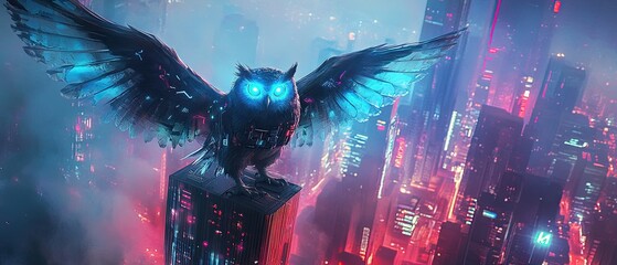 Futuristic owl on a skyscraper at night