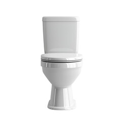 White ceramic toilet isolated on a transparent background. Standard bathroom fixture with tank, bowl, and seat, front view. Used in restroom interiors, plumbing mockups, and sanitation visuals.