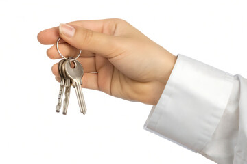Hand holding silver keys with keychain isolated on a transparent background metal