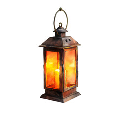 Antique wooden lantern with a lit candle inside casting warm orange light isolated on transparent background