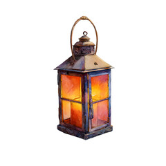 Antique metal lantern with warm glowing light isolated on transparent background