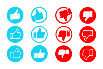 Like dislike button set. Modern thumbs up/down icons for social media, apps, and web. Blue and red customizable voting buttons