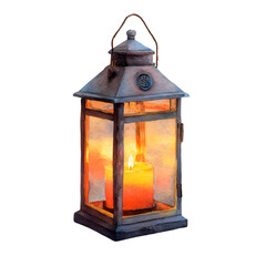 Vintage metal lantern with a lit candle inside glowing warmly isolated on transparent background