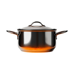 Glass cooking pot with lid isolated on a transparent background. Transparent heat-resistant pot with side handles and top knob, front view. Used for boiling, simmering, soup, and kitchen recipes.