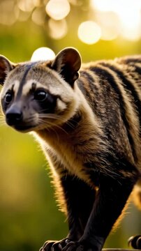 Asian Palm Civet Perched on a Branch in Lush Forest, Illuminated by Golden Sunlight, Close-up View, Looking Forward