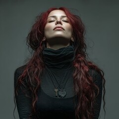 Confident red-haired woman in black outfit looking upward