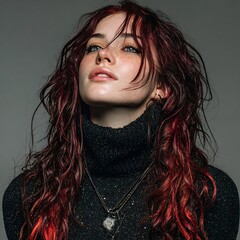 Confident red-haired woman in black outfit looking upward