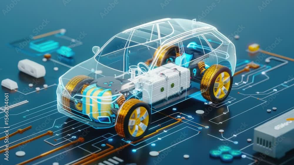 Poster A car is depicted on a circuit board, a unique combination of technology and automotive design