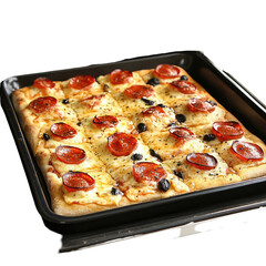 Pepperoni pizza slice tray isolated on transparent background cutout
