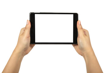 Hands holding tablet with blank screen isolated on a transparent background image