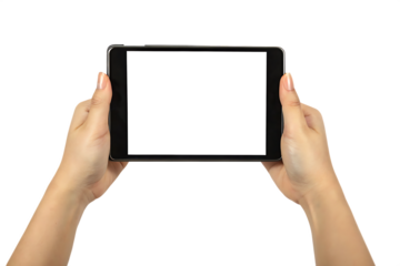 Hands holding tablet with blank screen isolated on a transparent background image