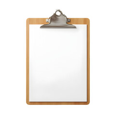 A wooden clipboard with a blank white paper sheet and a metallic clip isolated on transparent background