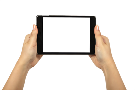 Hands holding tablet with blank screen isolated on a transparent background image