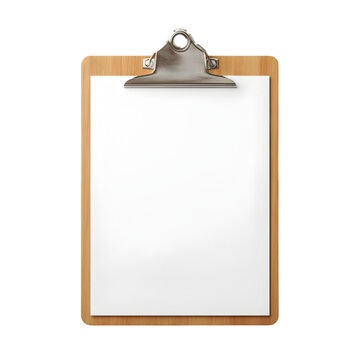 A wooden clipboard with a blank white paper sheet and a metallic clip isolated on transparent background