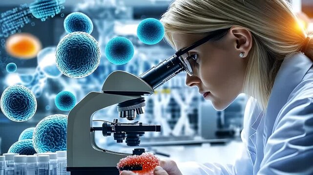 Blonde Woman Scientist Analyzing Samples Through Microscope In Laboratory Setting With Blue Circular Shapes in Background