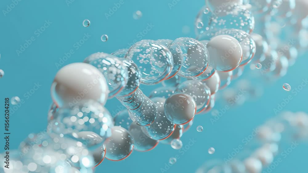 Poster a strand of white balls is floating in a blue liquid. the balls are of various sizes and are scatter