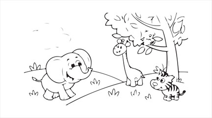 A black and white cartoon drawing featuring a group of wild safari animals as comic characters for a coloring book page.