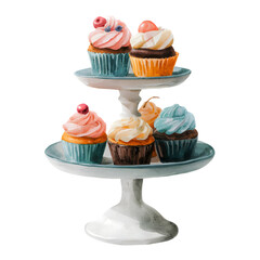Watercolor painting of a two tiered cake stand with assorted cupcakes isolated on transparent background