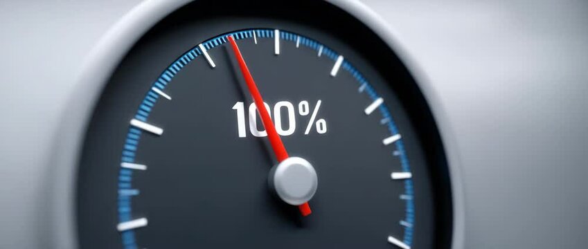 Gauge at 100%:  A close-up shot of a gauge displaying 100%, symbolizing completion, achievement, and full capacity.