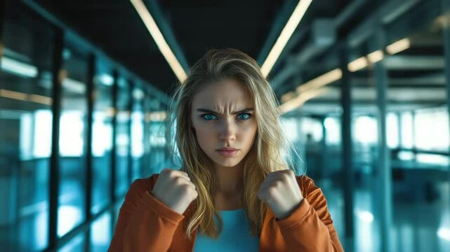 Young woman with blonde hair and blue eyes, clenched fist and serious expression, confident stance modern office indoor setting, casual clothing, focused gaze showing determination and strength with