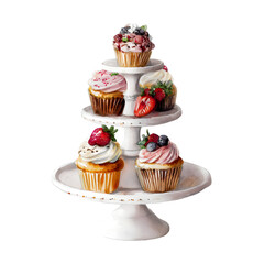 Watercolor painting of delicious cupcakes with berries and cream on a tiered stand isolated on transparent background
