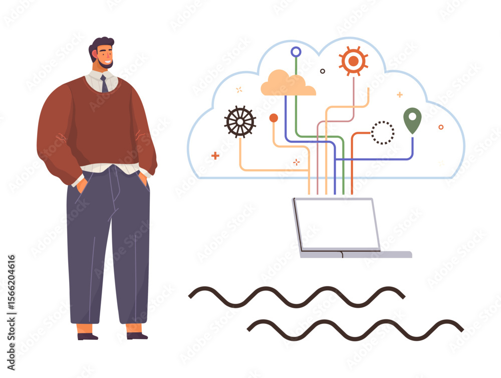 Poster man standing near laptop connected to cloud with circuits, gears, and location pin. ideal for techno