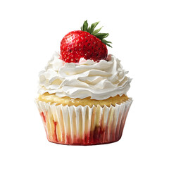 Delicious watercolor cupcake with fresh strawberry and whipped cream isolated on transparent background