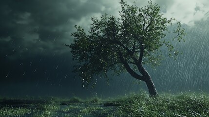 Fototapeta premium Powerful storm lashes lonely tree in rain high resolution picture
