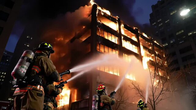 Firefighters battle flames engulfing a commercial building, showcasing the intensity and danger of firefighting.