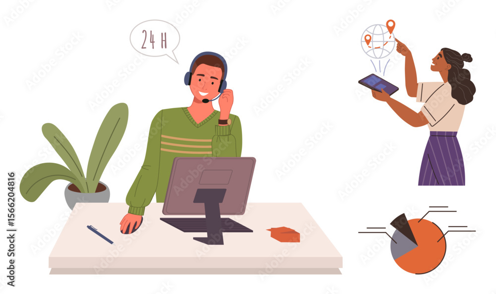 Poster man at desk with headset and monitor providing 24-hour support, woman analyzing digital map and char
