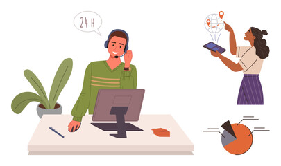 Man at desk with headset and monitor providing 24-hour support, woman analyzing digital map and charts on tablet. Ideal for customer service, remote work, communication, teamwork, analytics, digital